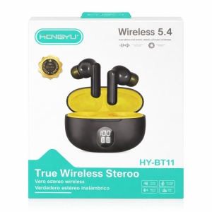 Căști wireless TWS Hongyu HY-BT11 Bluetooth 5.4 cu display LED, negru-galben