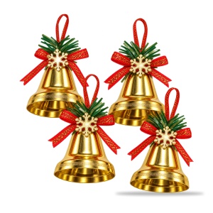 Clopoței decorativi de Crăciun, set 4 bucăți, plastic auriu, fundiță roșie, ambalaj 20 x 15 cm - Img 3