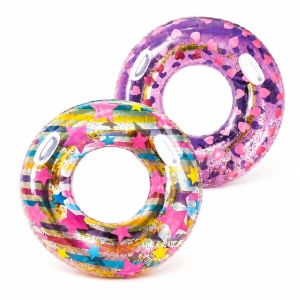 Colac gonflabil transparent pentru copii, 90 cm, model multicolor cu sclipici