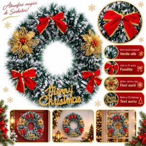 Coroniță Crăciun, verde cu alb, Merry Christmas, fundițe și flori aurii, 38 cm, plastic