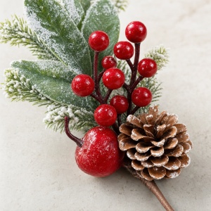 Crenguță decorativă cu con de pin, fructe roșii și efect de zăpadă, 30cm - Img 4