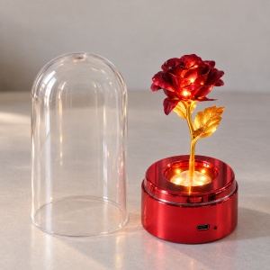 Cupolă cu trandafir roșu din plastic, lumină și rotație, încărcare USB, 16.5 x 7cm - Img 4