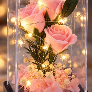 Cupolă cu trandafiri artificiali și lumină LED, roz, cu baterii, 16 cm - Img 5