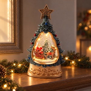 Decorațiune de Crăciun brăduț luminos și muzical, scenă cu Moș Crăciun și sanie, 24x10 cm - Img 3