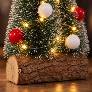 Decorațiune luminoasă de Crăciun cu 2 brăduți LED, suport lemn cu scoarță, buton ON/OFF, 29x14 cm - Img 4