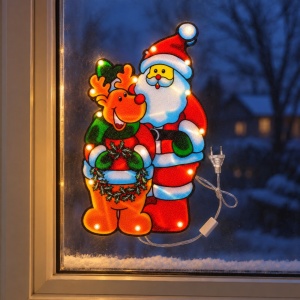 Decorațiune luminoasă de Crăciun cu Moș Crăciun și ren, 20 becuri multicolore, priză, 50×27 cm - Img 3