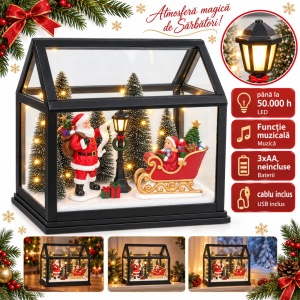 Decoratiune luminoasa de Crăciun cu muzica, model cu Moș Crăciun și sanie, 22x13 cm
