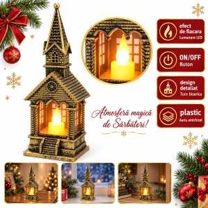 Felinar de Craciun cu Lumanare LED, Turn Biserica, Auriu Antichizat, 17,5 cm