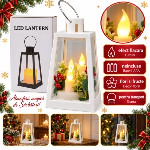 Felinar decorativ de Crăciun cu lumânări LED și decor floral, plastic alb, 24x9 cm