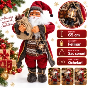 Figurină Moș Crăciun decorativ cu felinar și sac de conuri, 65 cm - Img 2