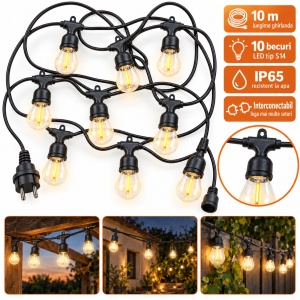 Ghirlandă exterior interconectabilă, 10 m, 10 becuri LED de 10 cm, lumină caldă