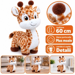 Girafă de pluș, blană portocalie cu pete maro, 60 cm - Img 5