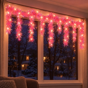 Instalație de Crăciun tip perdea cu beteală roz, 200 LED alb cald, 3 m, fir 1 m, interconectabilă - Img 4