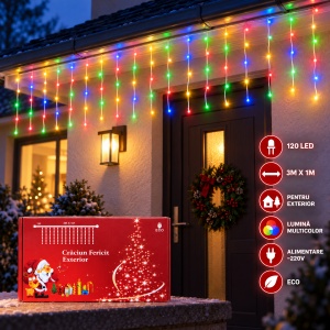 Instalație de Crăciun tip ploaie, 120 LED-uri, 3 × 1 m, exterior, fir alb, multicoloră - Img 5