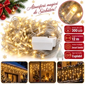 Instalație de Crăciun tip țurțuri, 12 m, 300 LED, alb cald, interconectabilă