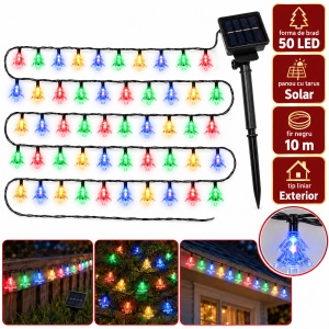 Instalație LED solară tip liniar, 50 LED multicolore, 10 m, fir negru, model LED Cu Braduti