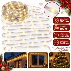 Instalație LED Tip liniară din sarma siliconata, 100 m, 800 LED, lumină alb cald