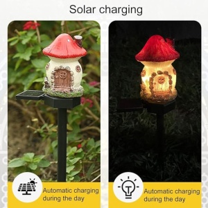 Lampă solară de grădină LED, design ciupercă, plastic rezistent, iluminare automată, roșu-galben - Img 4