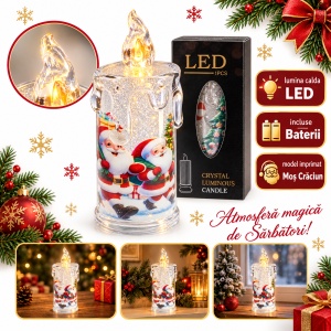 Lumânare decorativă cu LED, model Moș Crăciun, cristal transparent, lumină caldă, 10 cm