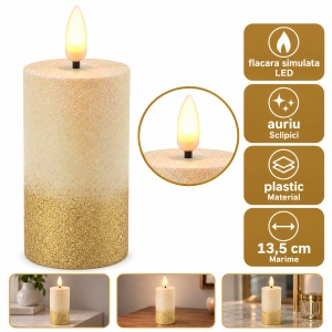 Lumânare LED decorativă cu flacără realista, sclipici auriu, plastic, 13.5x6cm