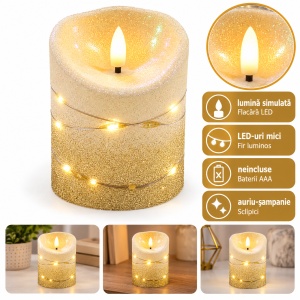 Lumânare LED decorativă, efect flacără realist, sclipici auriu, 9,5 cm