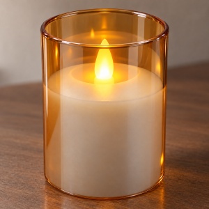Lumânare LED decorativă în pahar de sticlă chihlimbarie, 7,5 x 10 cm, baterii AAA - Img 4