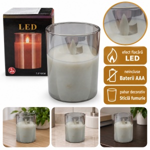 Lumânare LED decorativă în pahar din sticlă fumurie, efect flacără, 7,5x10 cm