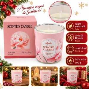 Lumânare parfumată de Crăciun, din soia, aromă florală, în recipient de sticlă roz, 100g