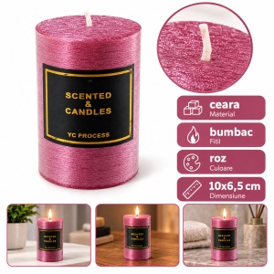 Lumânare parfumată decorativă din ceară, cu fitil din bumbac, roz, 9,5x6,5 cm