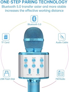 Microfon karaoke wireless Bluetooth cu difuzor, voice changer, USB si TF Card, albastru - Img 2
