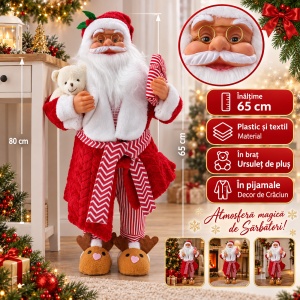 Moș Crăciun în pijamale cu ursuleț de pluș, plastic și textil, 65 cm - Img 6