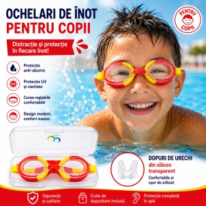 Ochelari de inot copii rosu-galben, reglabili, cu dopuri urechi silicon transparent - Img 2