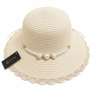 Pălărie Damă Crem de Vară cu Bor Decorativ, Perle Elegante și Margine Dantelată