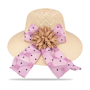 Pălărie de Plajă Damă cu Boruri Largi, Fundă Roz și Floare Decorativă – Bej