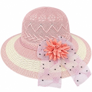 Pălărie de Plajă Roz cu Floare Decorativă, Fundă și Boruri Largi - Img 2