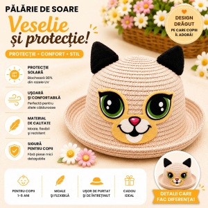 Palarie de Vara Crem pentru Copii, cu Design Pisicuta si Protectie UV - Img 2