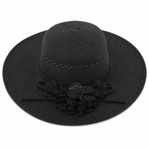 Palarie de vara dama neagra eleganta cu floare decorativa si protectie UV pentru plaja