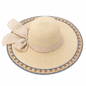 Palarie de vara eleganta bej cu funda decorativa pentru plaja si vacante
