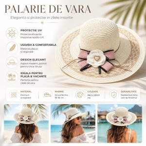 Palarie de Vara Eleganta pentru Femei, Bej cu Floare Decorativa si Fundita Roz - Img 2