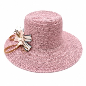 Palarie de Vara Eleganta pentru Femei, Roz Pastel cu Bor Lat si Detalii Decorative