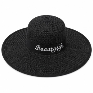Palarie de Vara Neagra pentru Femei cu Broderie Decorativa si Protectie UV