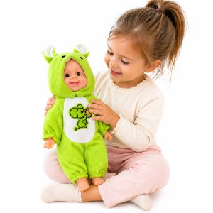 Papusa bebelus 35cm care rade, costum verde cu gluga, jucarie copii - Img 2