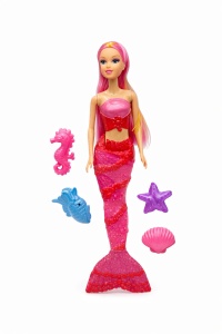 Papusa sirena roz cu accesorii marine, set jucarie copii 37 x 16 cm