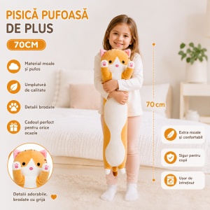 Pisică de pluș portocalie 70 cm – jucărie moale și pufoasă pentru copii, pernă decorativă - Img 2
