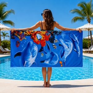 Prosop de Plajă cu Delfini și Recif 90x170 cm – Microfibră cu Design Marin - Img 2