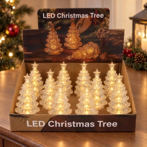 Set 12 brăduți decorativi LED de Crăciun cu sclipici auriu, din plastic, 14,5x7,5 cm - Img 4