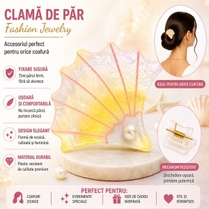 Set 12 Clești de Păr Scoică 7 cm cu Perlă – Diverse Culori Pastelate - Img 2