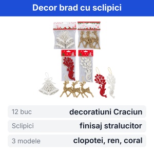 Set 12 decoratiuni de Craciun cu sclipici pentru brad, diverse modele, dimensiuni intre 7-10cm - Img 2