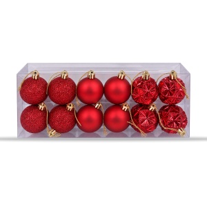 Set 12 globuri de Crăciun, roșii, 6 cm, plastic, diverse modele, agățătoare aurie - Img 2