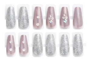 Set 12 perechi unghii false Press-On cu glitter si cristale decorative - Img 3